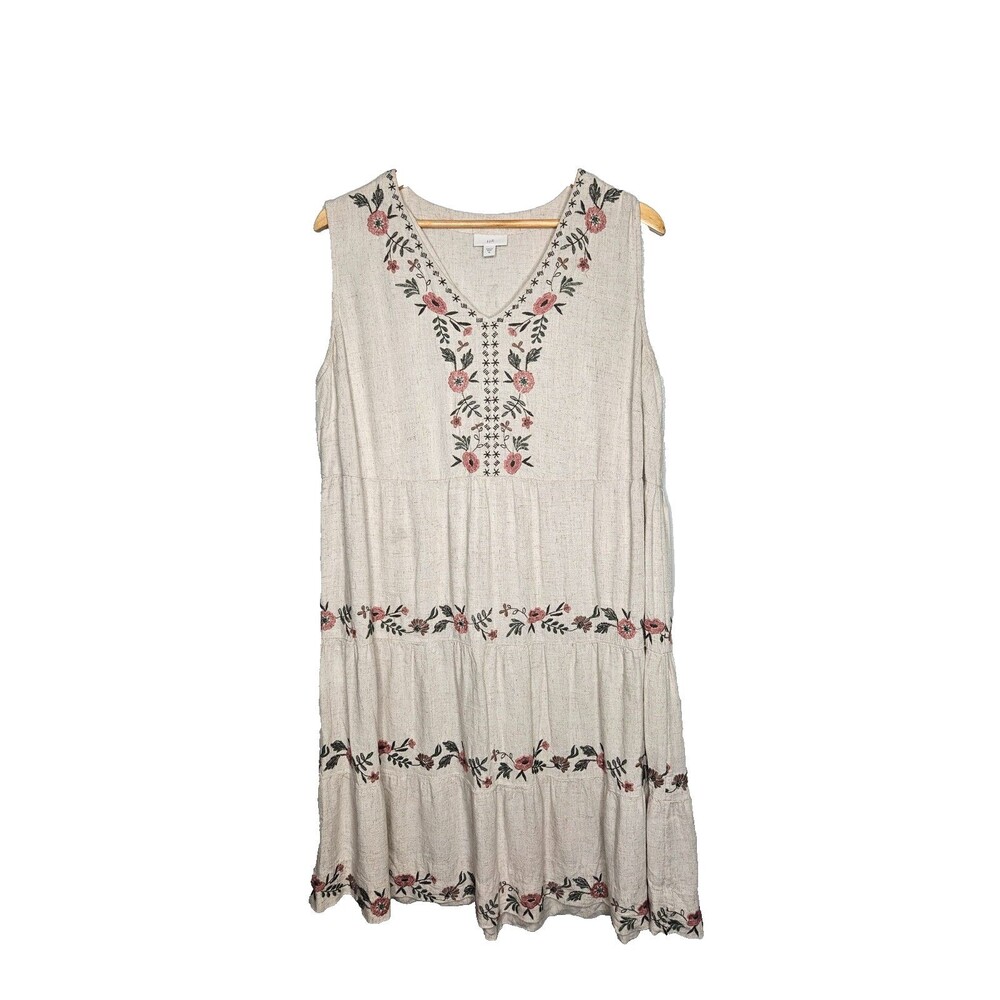 J. JILL Dress XL Beige Linen Blend V Neck Embroidered Tiered Midi Sundress Boho
